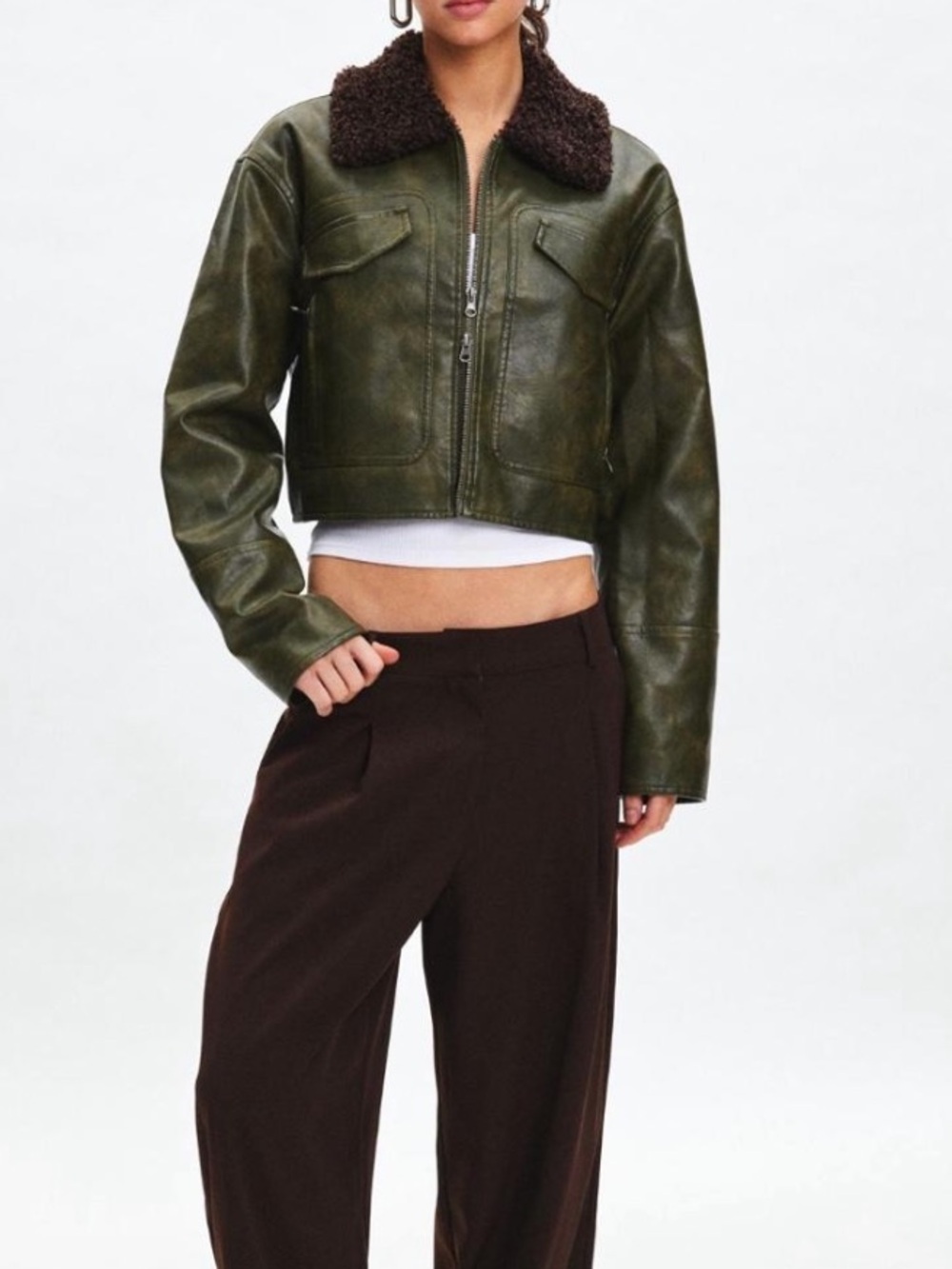BDG Dark Olive Green faux Leather Jacket Dark Brown Sherpa Collar XS women’s